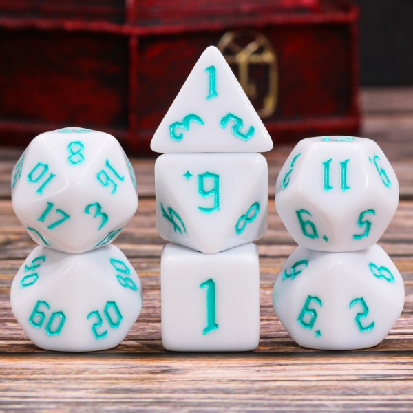 Opaque White 7pc Dice Set inked in Teal